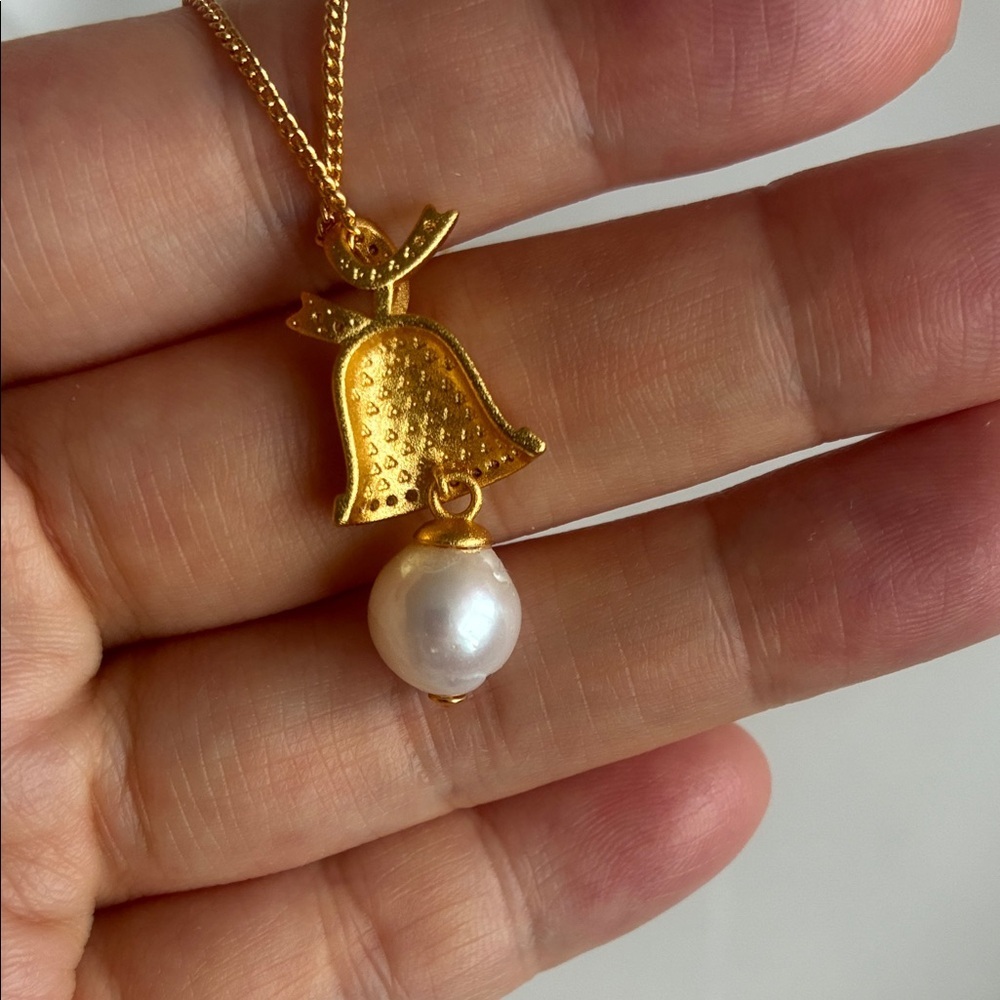 Gold-Plated Christmas Bell Pendant with Freshwater Pearl| Christmas jewelry gift - Picture 3 of 8